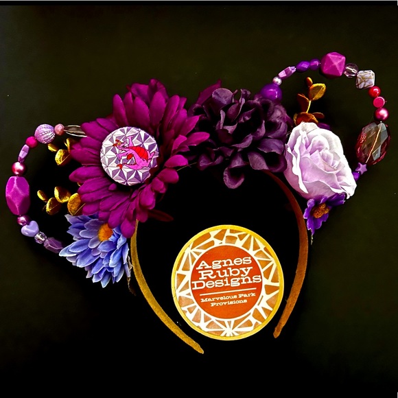 Figment Imagination Epcot Disney Ins Beaded Floral Minnie Mouse Ears OOAK - Picture 1 of 5